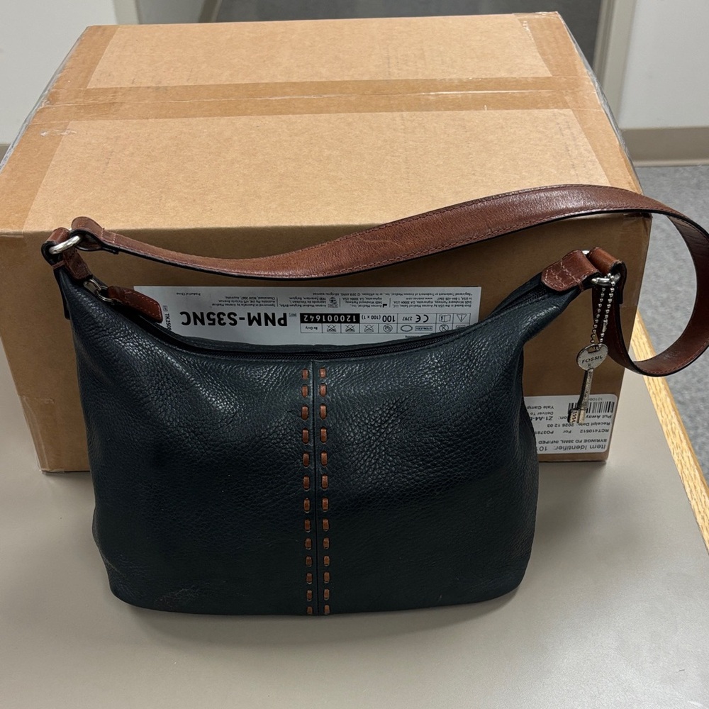 Fossil Dark Leather Messenger Bag with Brown Strap